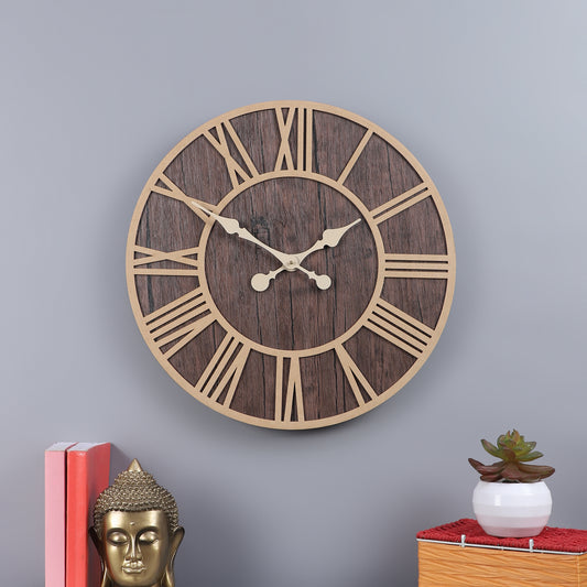 dark brown roman engineered wood wall clock with leather coating // wall clock