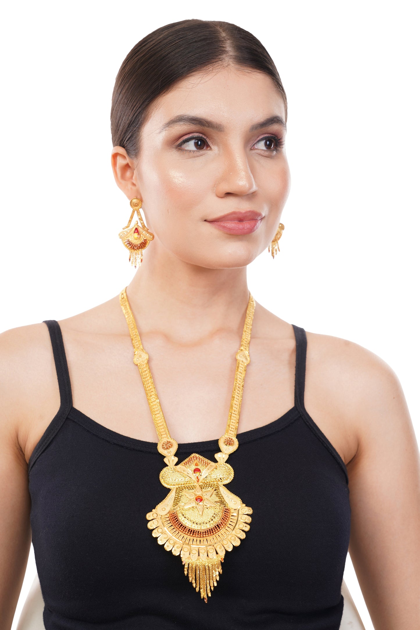 1Gm Gold-Plated Long Haram Necklace and Earring Set