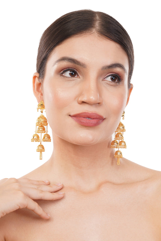 Gold-Plated 1Gm Triple Jhumka Drop Earrings