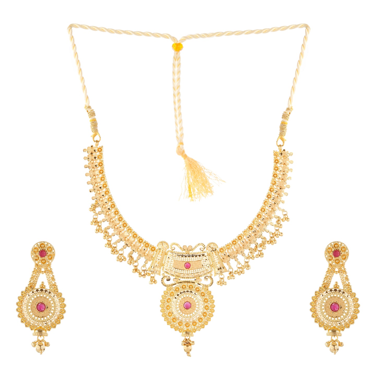 Elegant 1Gm Gold Necklace and Earring Set with Ruby Accents