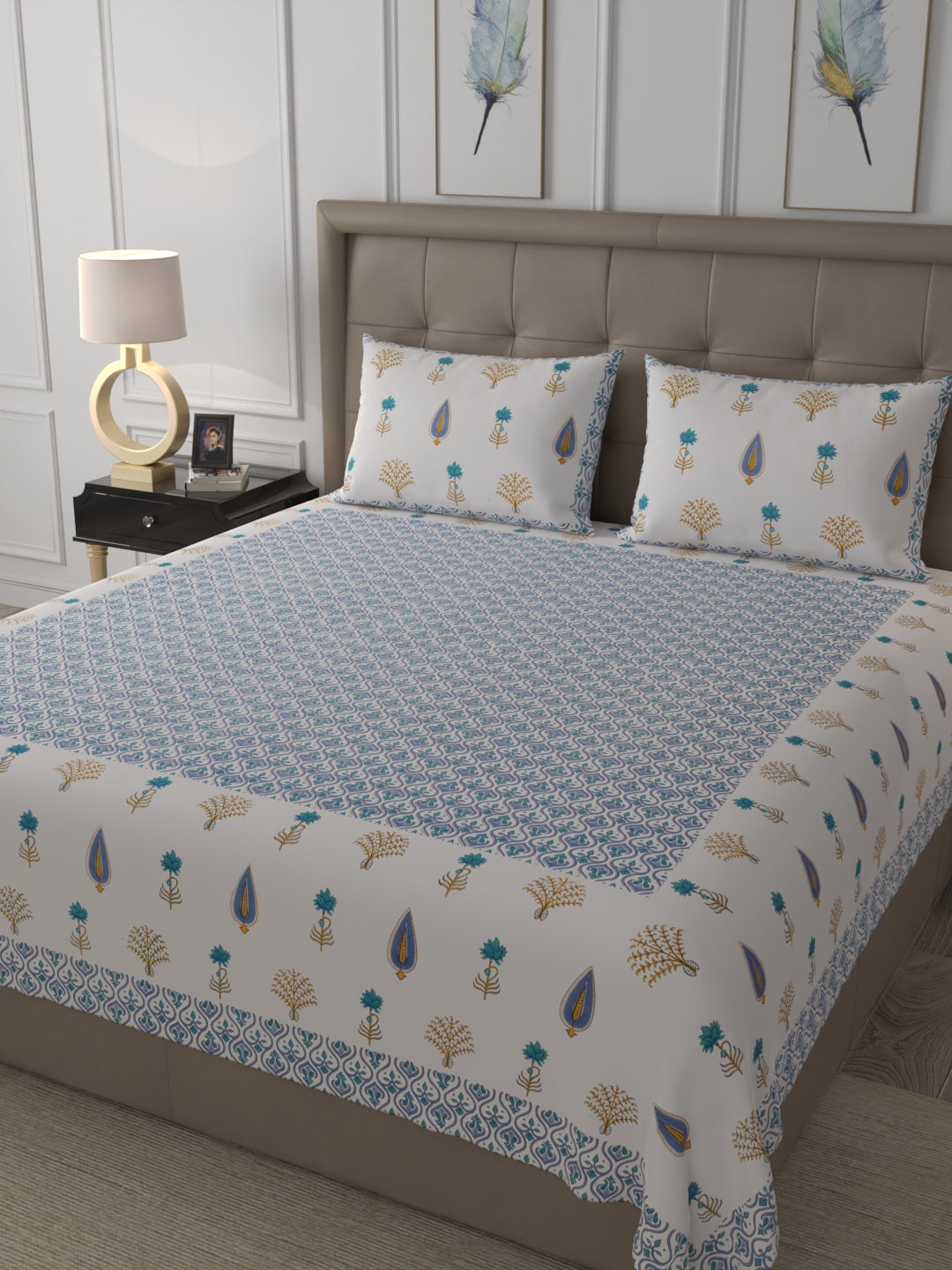 super king size bedsheet 108x108inches pure organic bedsheet 340TC hand block printed